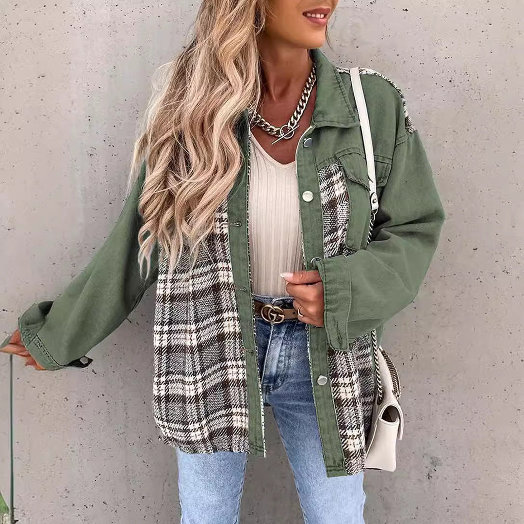 Dam avslappnad shacket tillverkad av manchester tyg med rutig panel inserts och tryckknäppning
