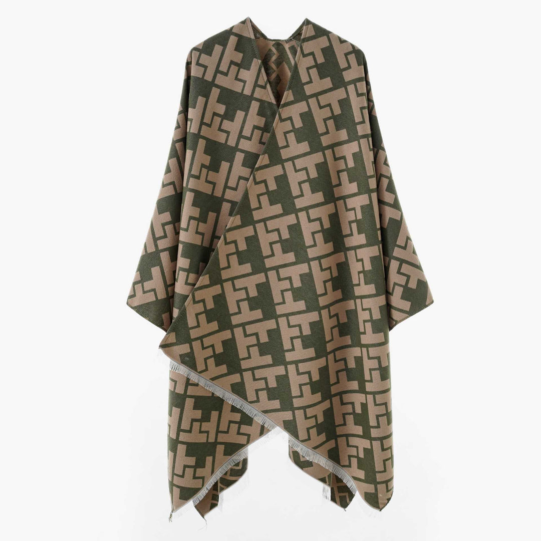Dam Oversize Jacquard capeponcho tillverkad av ullblandning med geometric mönster och fringes