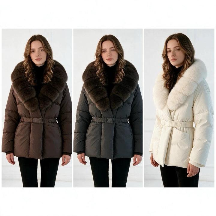 Dam skräddad kviltad jacka med oversize faux fur krage, figurnära bälte, och warming värmeisolering