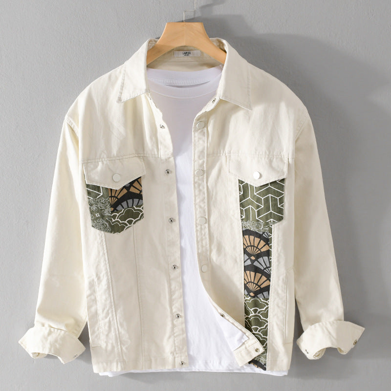 Herr Lätt Canvas Overshirt i Worker Stil med Japanese Mönster Utanpå och Tryckknapp Knapp Slå