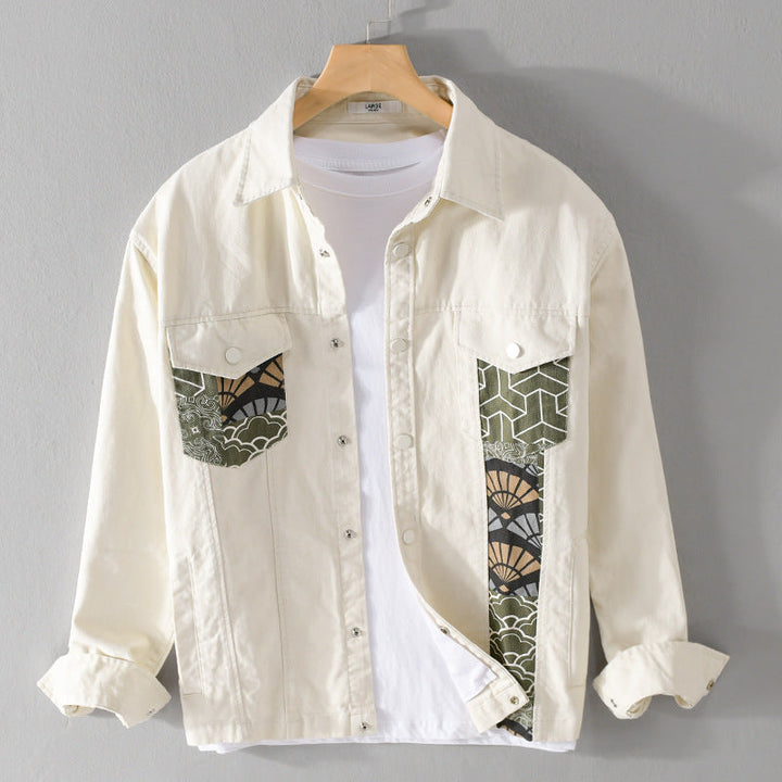 Herr Lätt Canvas Overshirt i Worker Stil med Japanese Mönster Utanpå och Tryckknapp Knapp Slå