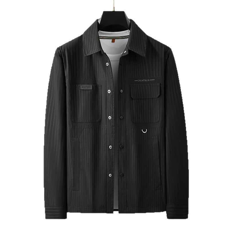 Herr Utility Övergångs Jacka i Överskjorta Stil med Utanpåfickor och Pinstripe Texture