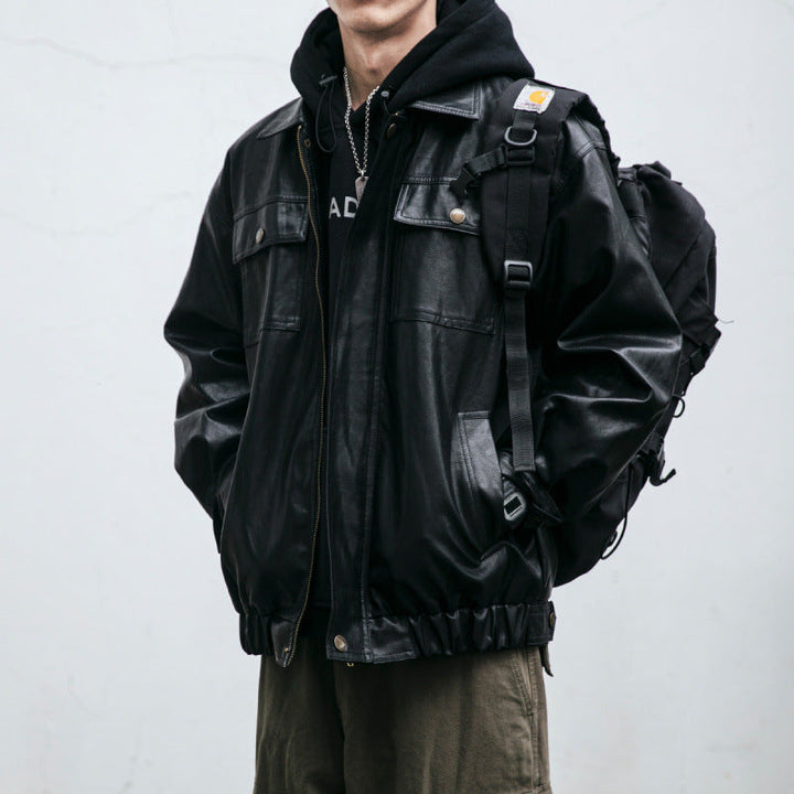 Herr oversize läderlook funktionsjacka med fickor med lock och elastisk fåll