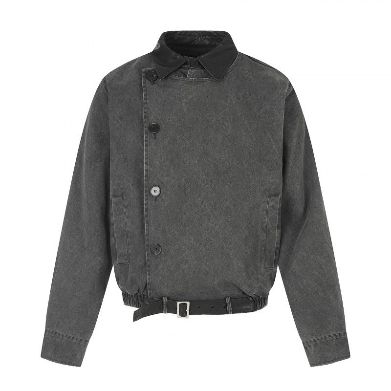 Herr short-cut bomber blouson jacka i vintage canvas med läder krage och midja belt