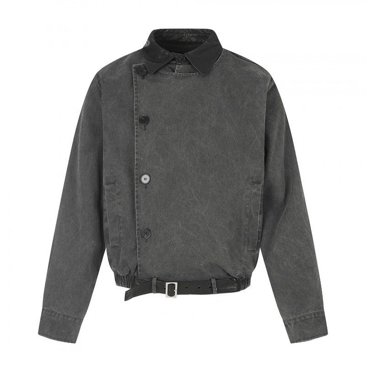 Herr short-cut bomber blouson jacka i vintage canvas med läder krage och midja belt