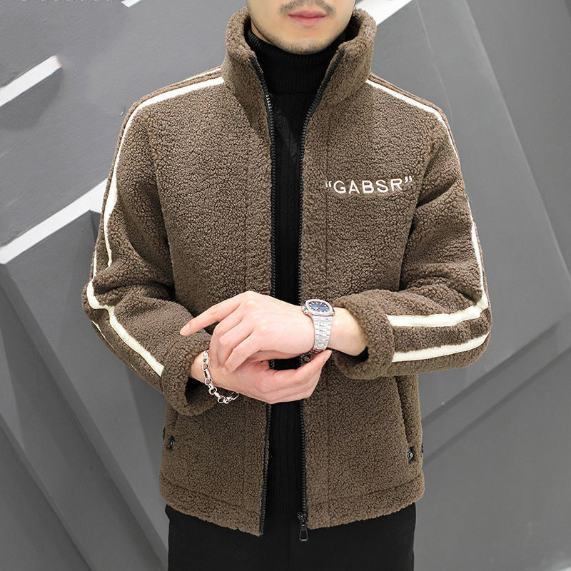 Herr Teddy Fleece Blouson med Ståkrage, Dragkedja och Kontrast Ränder