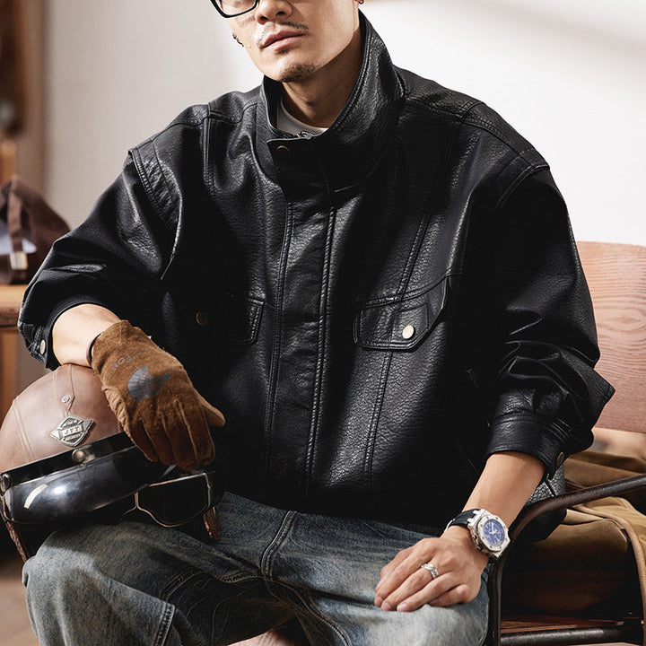 Herr Oversized Konstläder Jacka i Worker Look med Lock Fickor