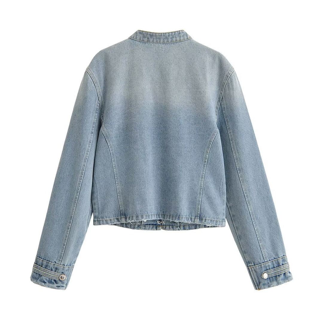Dam Kort Denimjacka med Military Piping och Dekorativ Metal Knappar