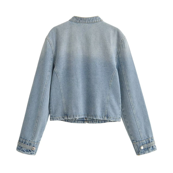 Dam Kort Denimjacka med Military Piping och Dekorativ Metal Knappar
