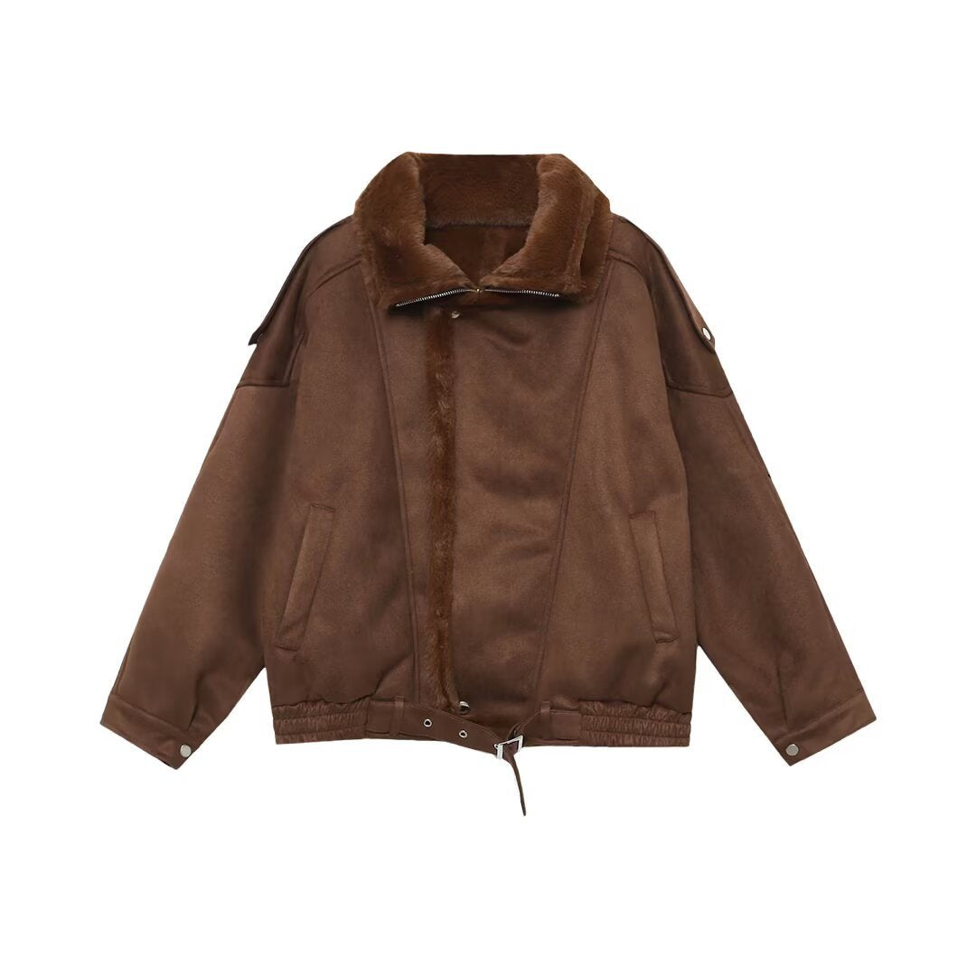 Dam Oversized Aviator Jacka med Teddy Foder, Ståkrage och Midjebälte