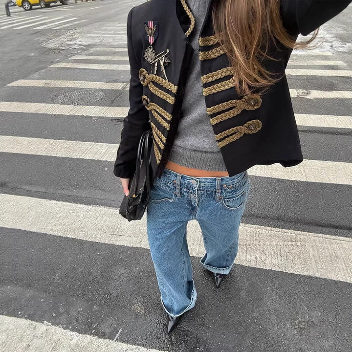 Dam kort Military Inspired Parade jacka med Gold Cord Decoration