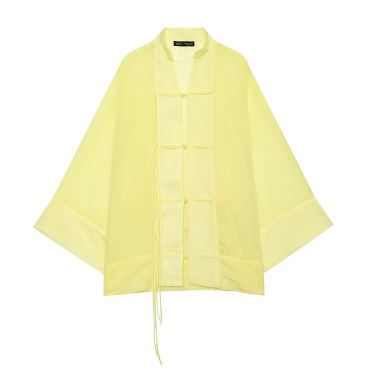Dam Oversize Kimono Jacka med Dekorativ Knot och Lång Fringed Ribbons