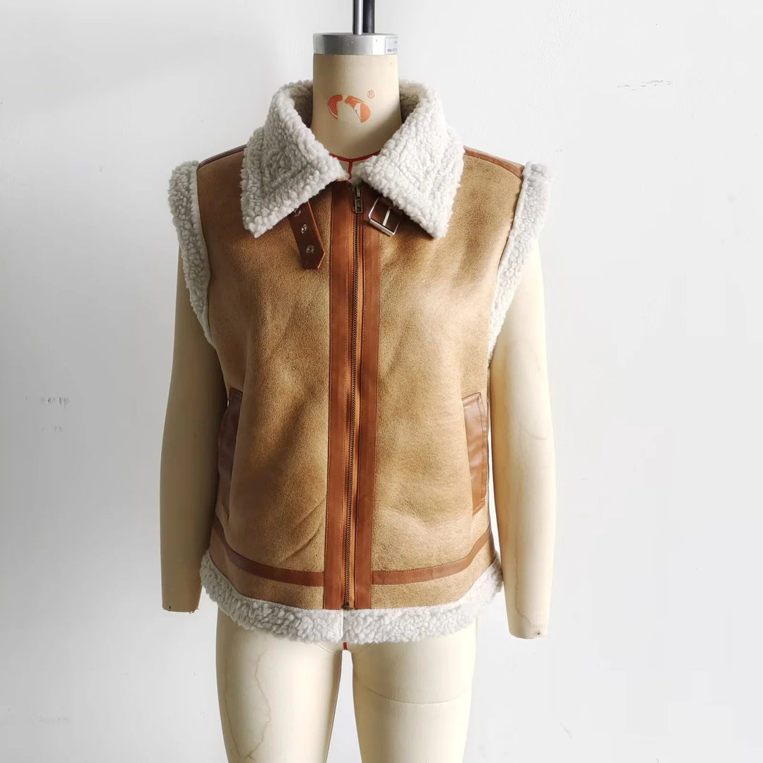 Dam figursydd faux fur väst med Sherpa krage, dragkedja och decorative bälte