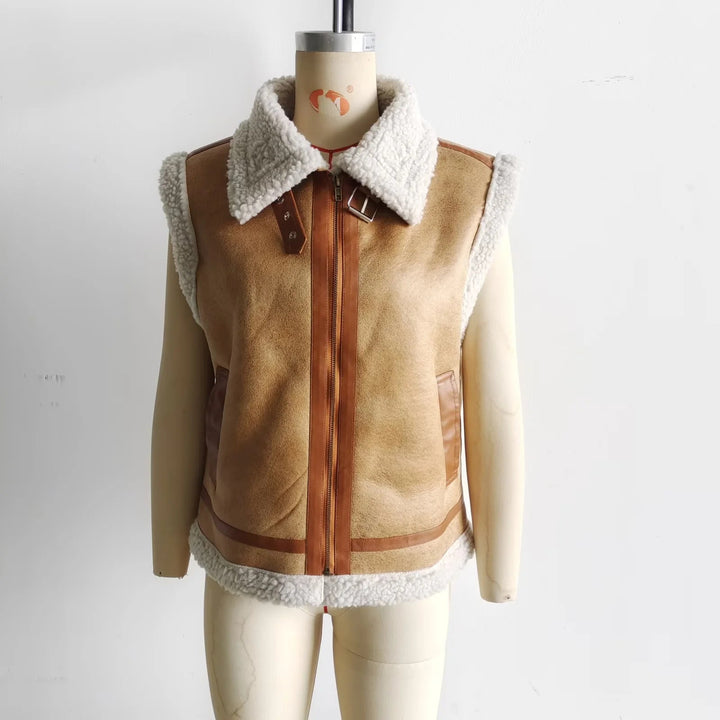 Dam figursydd faux fur väst med Sherpa krage, dragkedja och decorative bälte