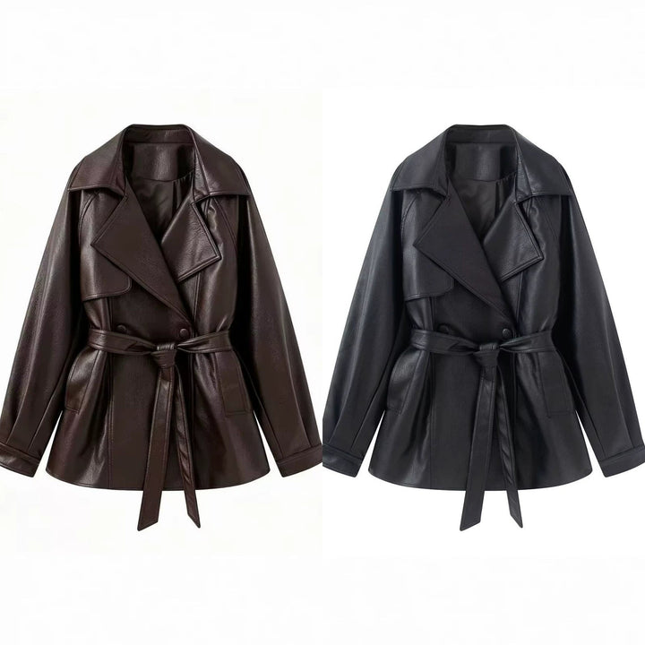 Dam Tailored Kort Trench i Konstläder med Tie Belt
