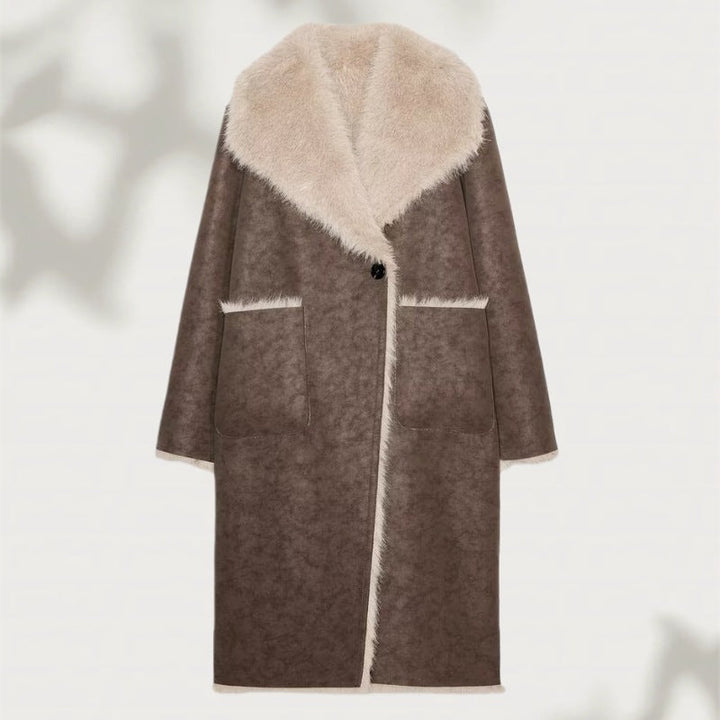 Dam Lång Konstpäls Shearling Kappa med Oversized Sjalrakrage och Utanpåfickor