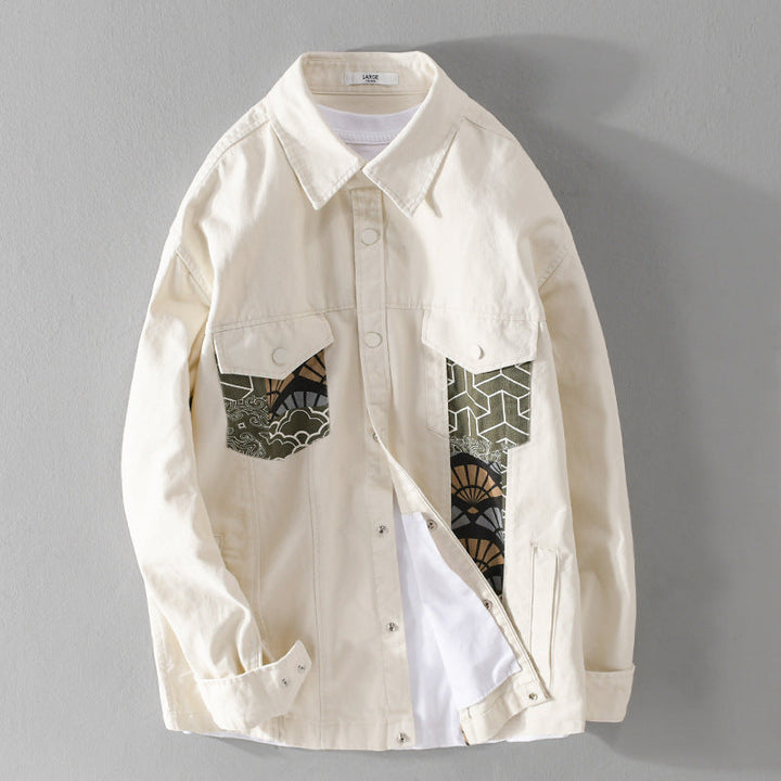 Herr Lätt Canvas Overshirt i Worker Stil med Japanese Mönster Utanpå och Tryckknapp Knapp Slå