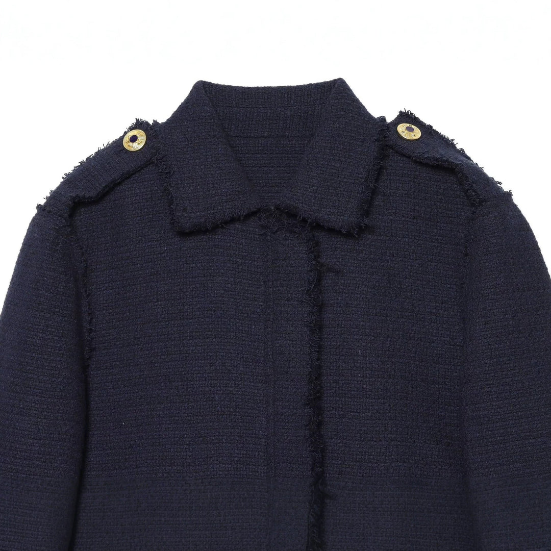 Dam Bouclé Tweed Kort Jacka med Fringe Kant, Epaulettes och Patch Fickor