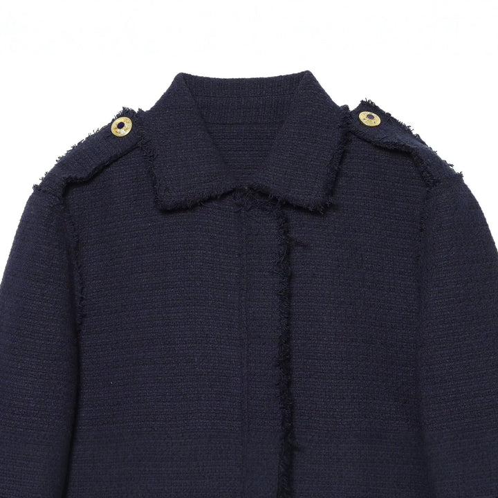 Dam Bouclé Tweed Kort Jacka med Fringe Kant, Epaulettes och Patch Fickor