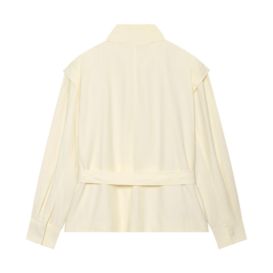 Dam Kort Jacka i Blouson Stil med Standing Krage, Tie Belt och Cape Shoulder