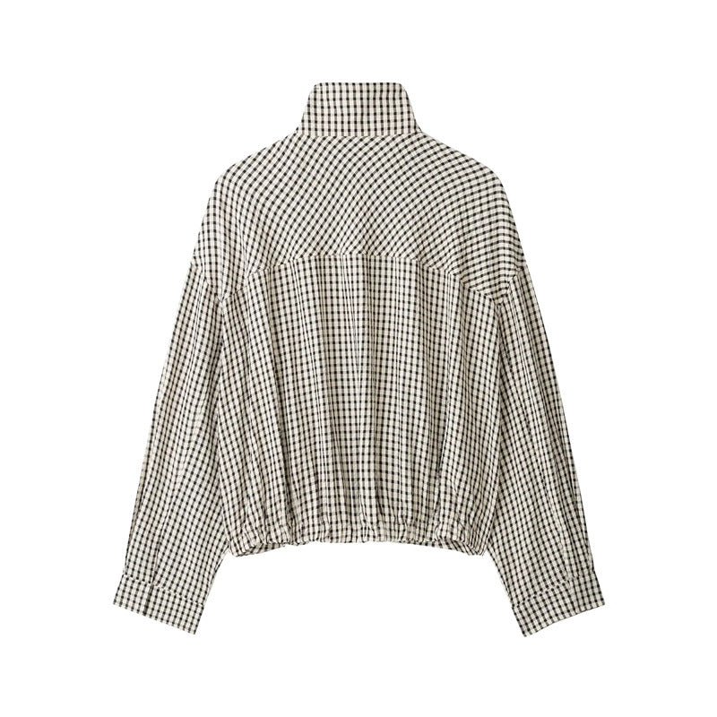 Dam kort cropped rutig blousonjacka med ståkrage, elastisk fåll och hidden dragkedja