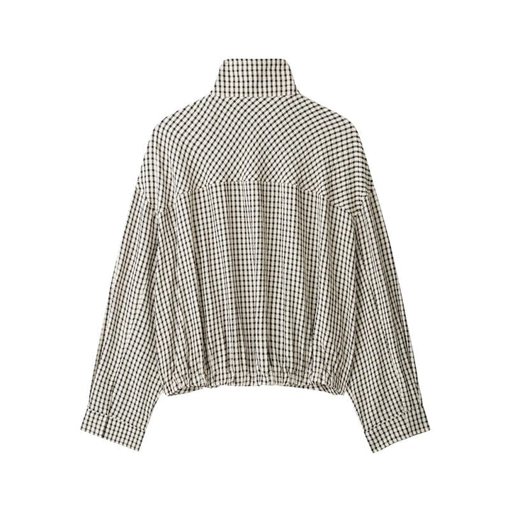 Dam kort cropped rutig blousonjacka med ståkrage, elastisk fåll och hidden dragkedja