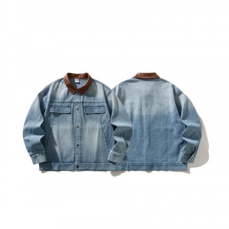 Herr denimjacka i arbeteer look med kontrast krage