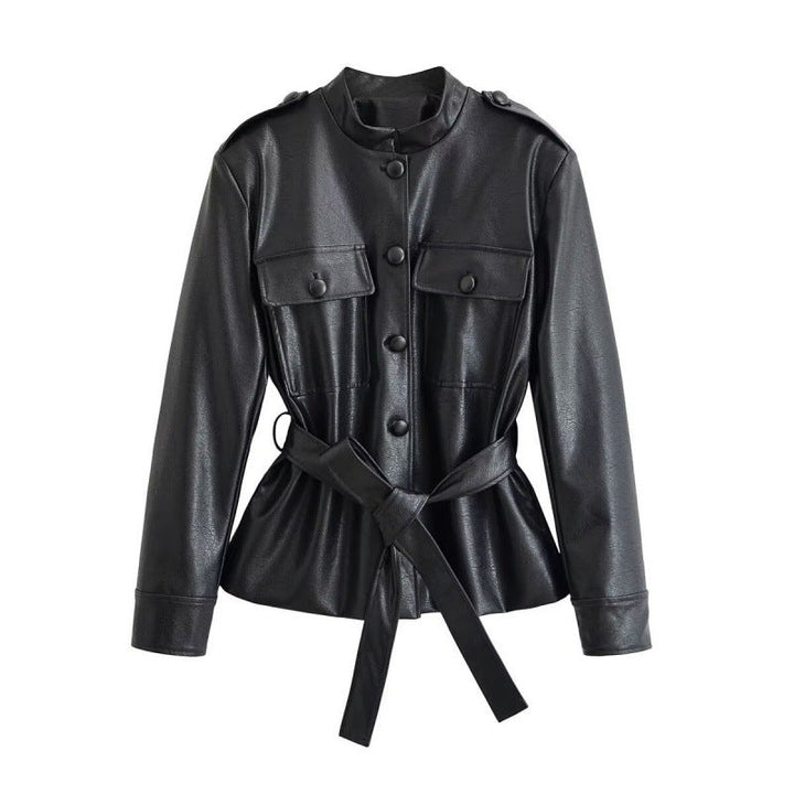 Dam Tailored Utilityjacka Tillverkad av Konstläder med Stå Krage, Patch Chest Fickor och Tie Belt