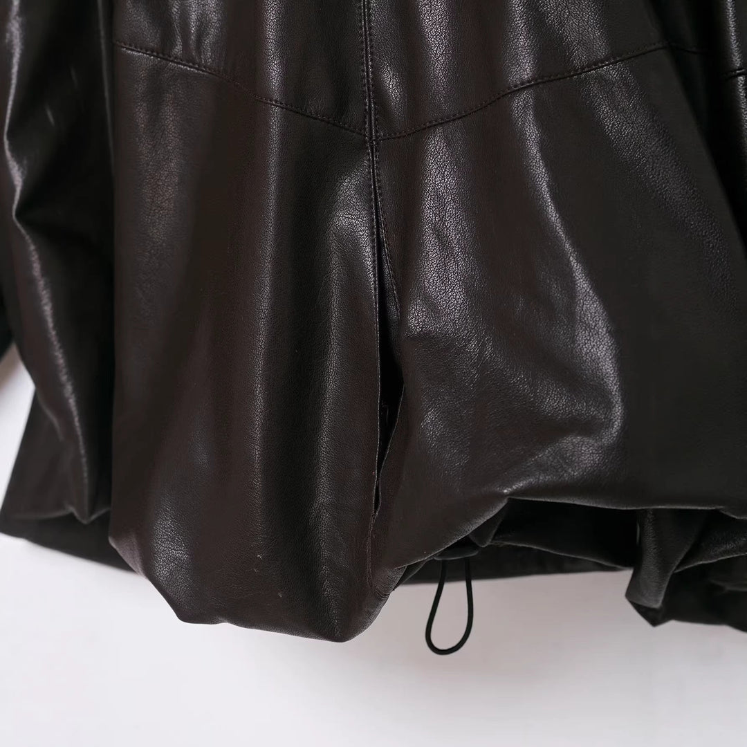 Dam Voluminous konstläder Cape jacka med hög ståkrage och dragsko