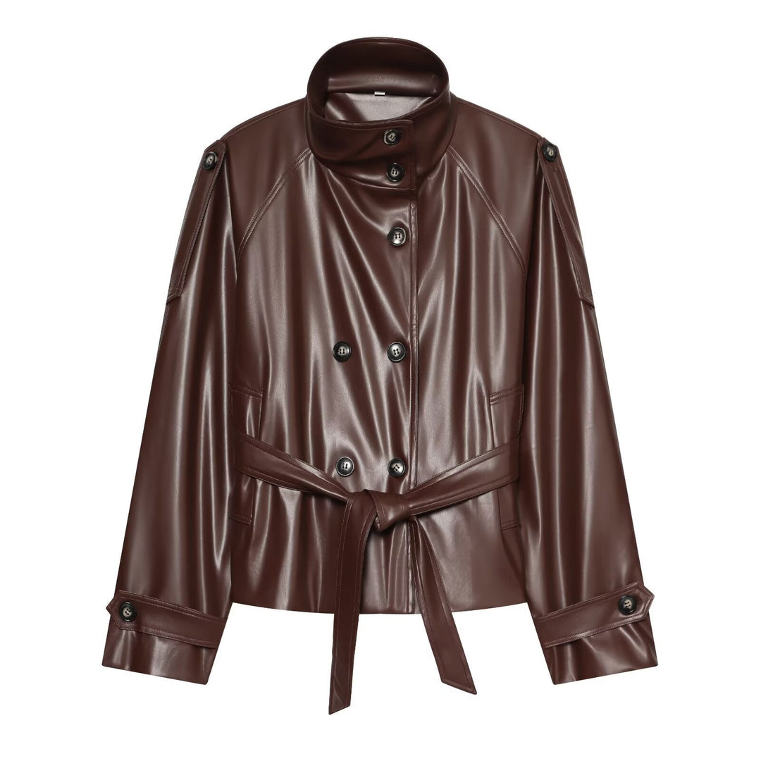 Dam Kort Trench Blouson i Läderlook med Waist Belt, Hög Standing Krage, och Double Knapp Knäppning