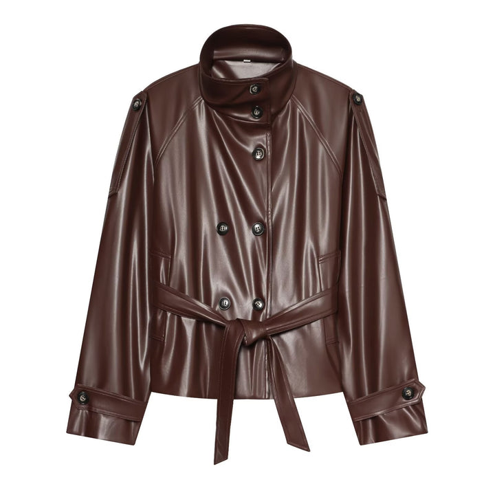 Dam Kort Trench Blouson i Läderlook med Waist Belt, Hög Standing Krage, och Double Knapp Knäppning