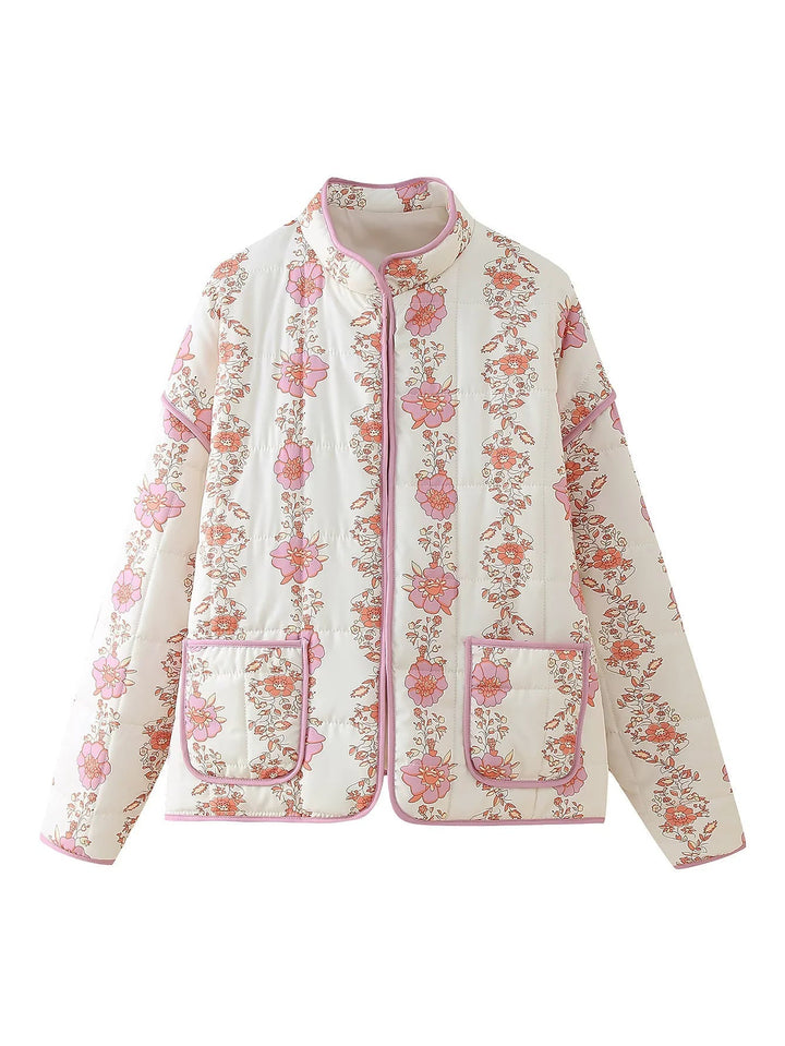 Dam quiltad floral jacka med ståkrage, dragkedja, och påsydda fickor