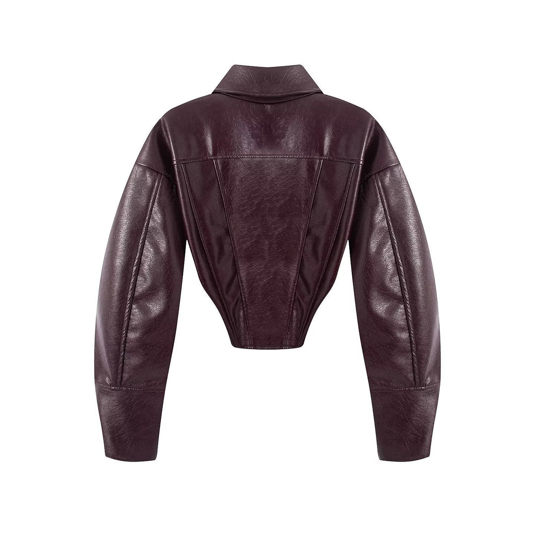 Dam Kort Jacka i Corset Stil Tillverkad av Leatherette med Emphasized Shoulder Area