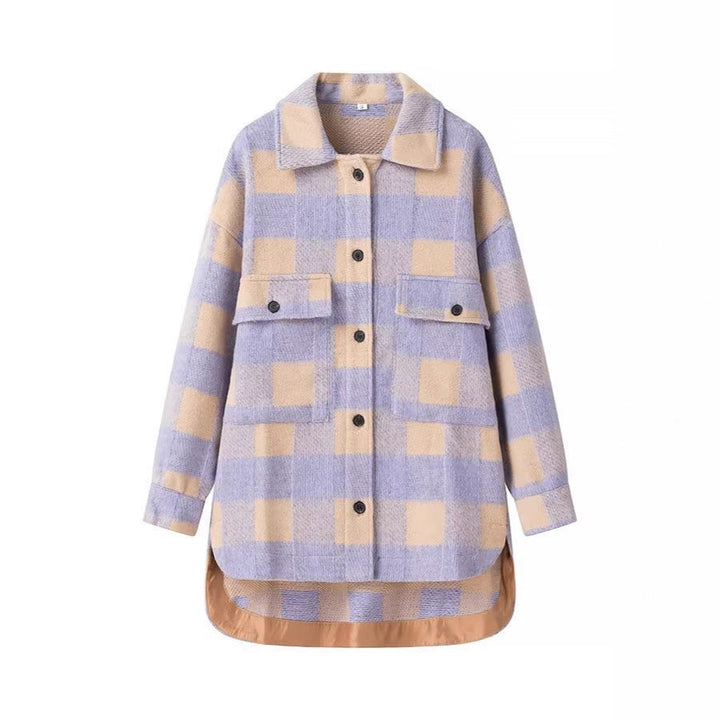 Dam Oversized Rutig Skjorta Jacka med Applied Lockfickor och Extended Fåll
