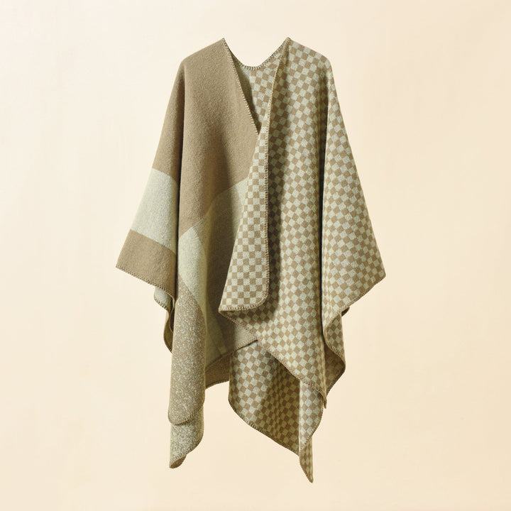 Dam Reversible rutig mönster capeponcho tillverkad av ullblandning med Boxy oversized passform