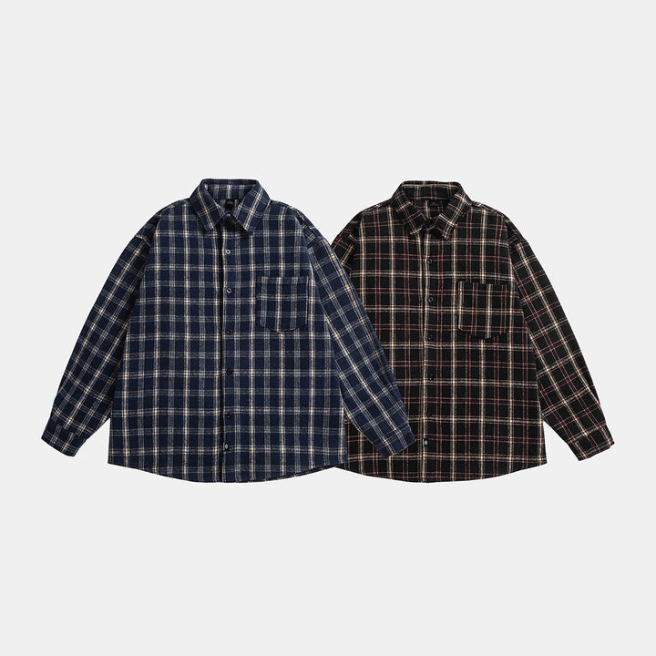 Unisex Oversized Check Skjorta Jacka i Boxig Skärning med Lapp Bröstficka och Mjuk Flanell