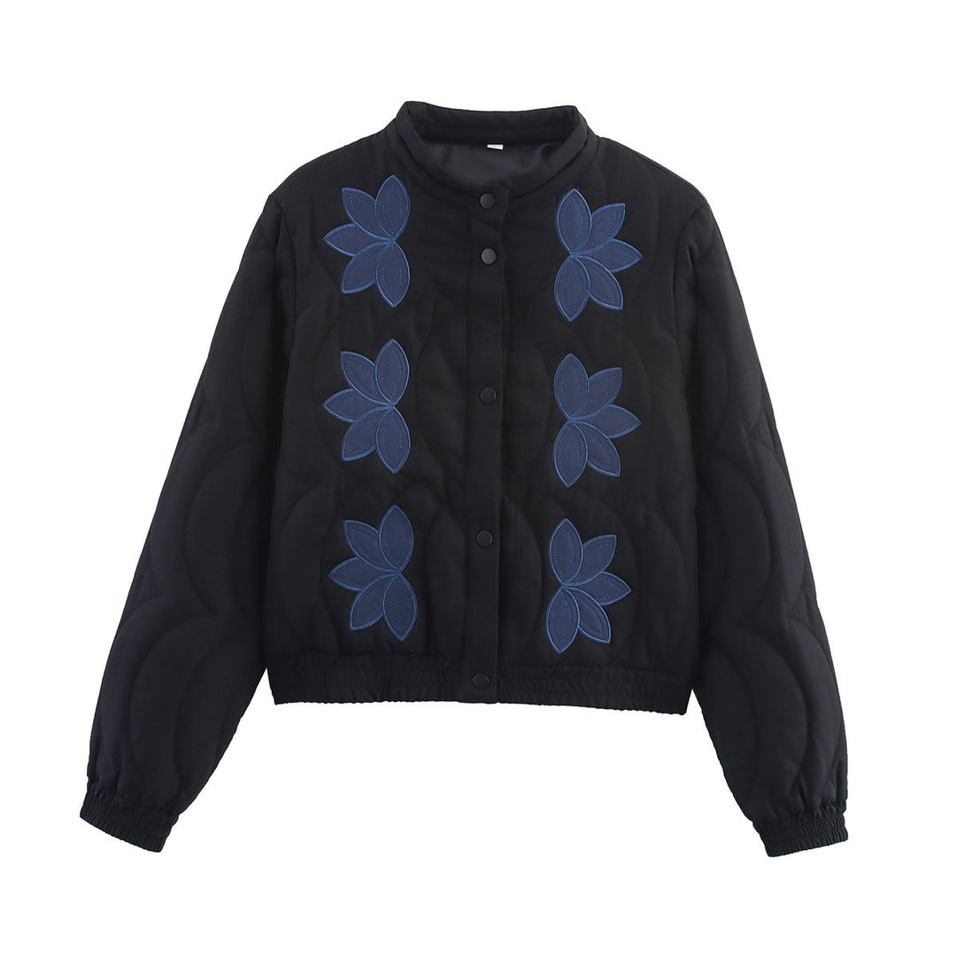 Dam kort kviltad Blouson med blommig kviltad Application, ståkrage och Elastic Waistband