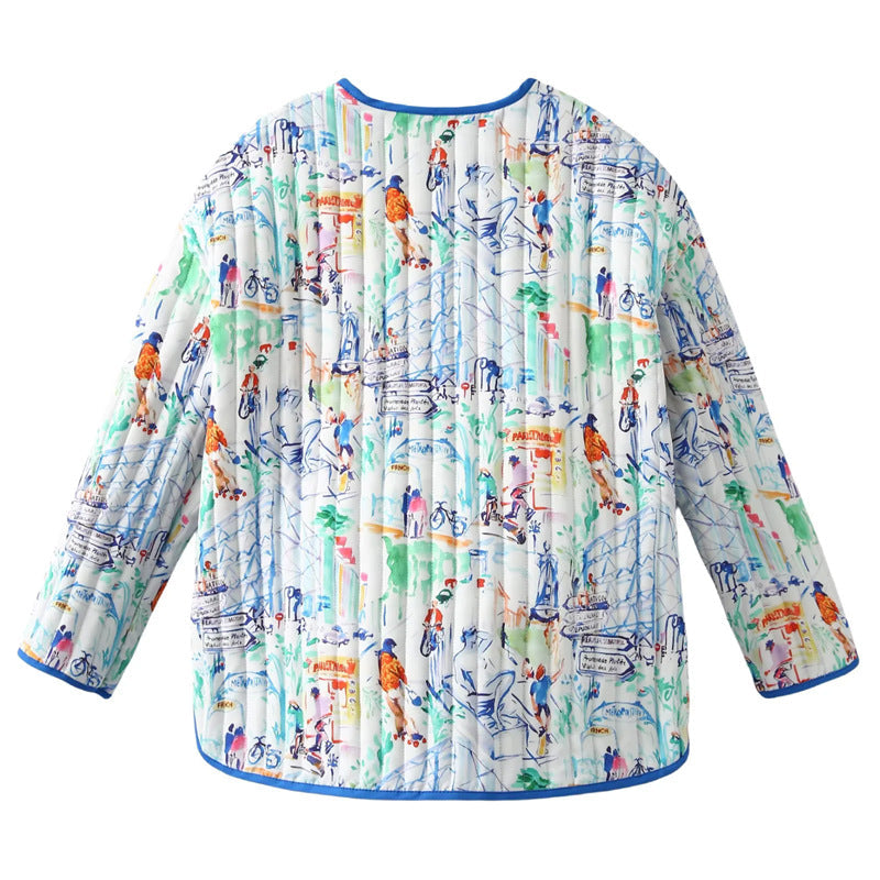 Dam quiltad jacka i overshirt look med colorful city tryck, kontrast piping, och patch framfickor