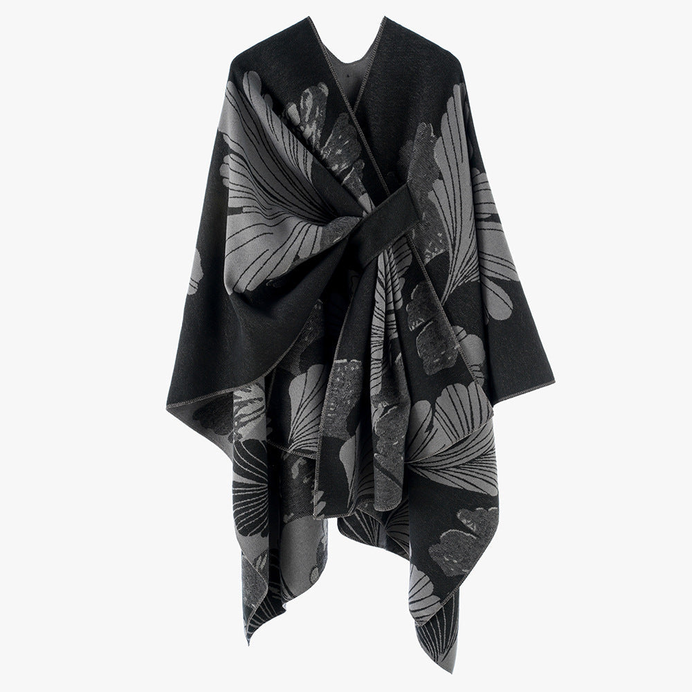 Dam Oversized Jacquard Cape Gjord av Ullblandning med Blommig Jacquard och Fram Loop