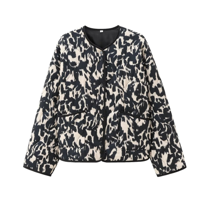 Dam non-quiltad kort jacka med djurprint, round neckline och snap knäppning