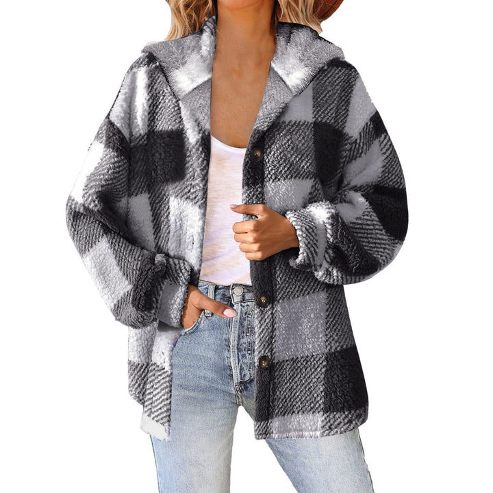 Dam fluffy rutig teddy jacka med huva, button closure och oversized passform