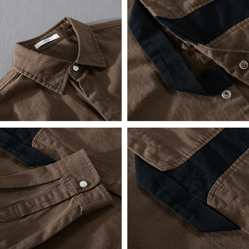 Herr Casual Overshirt Skjorta med Geometrisk Kontrast Rand och Tryckknapp Slå