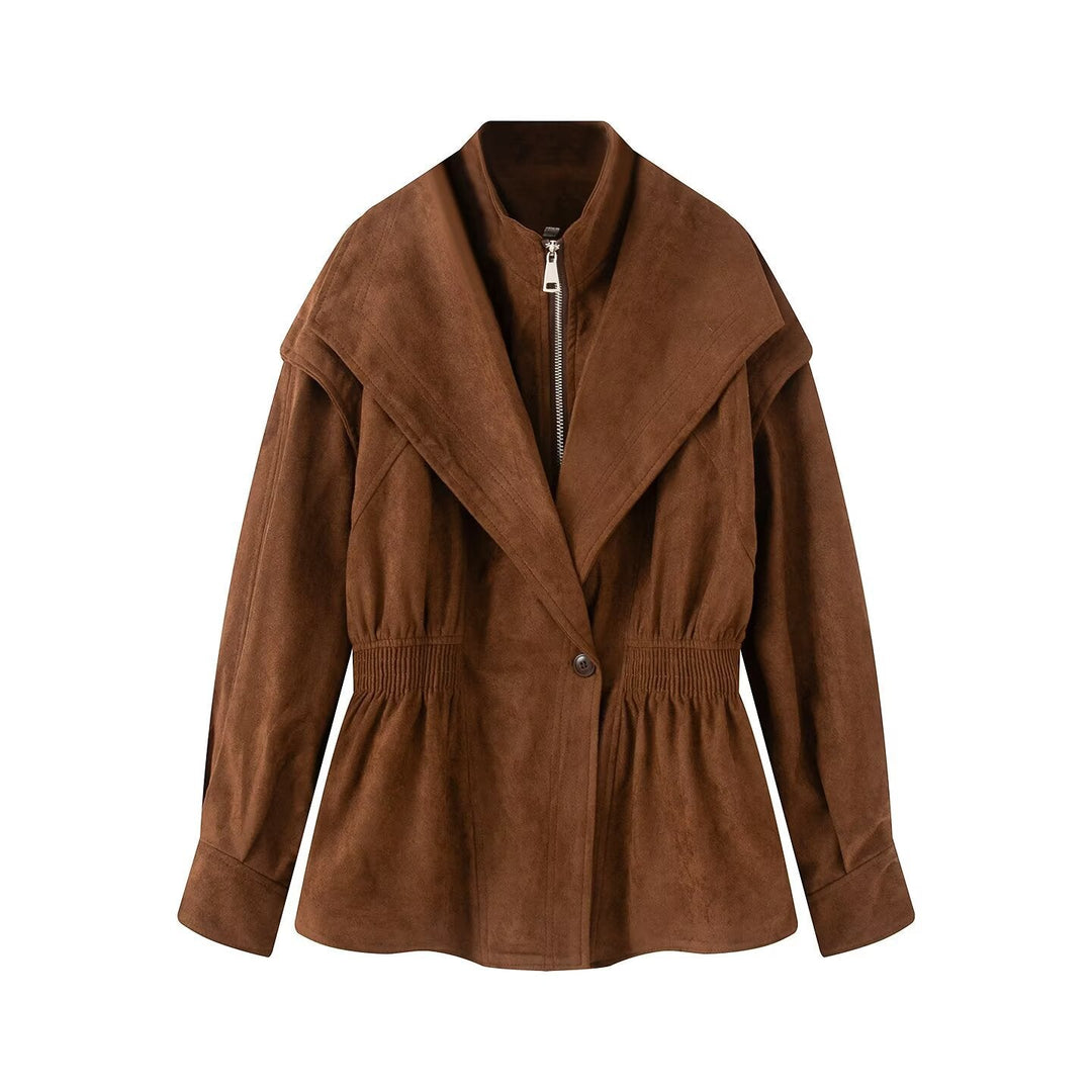 Dam Tailored Jacka i Suede Look med Stora Shawl Krage, Dragkedja och Gathered Waist