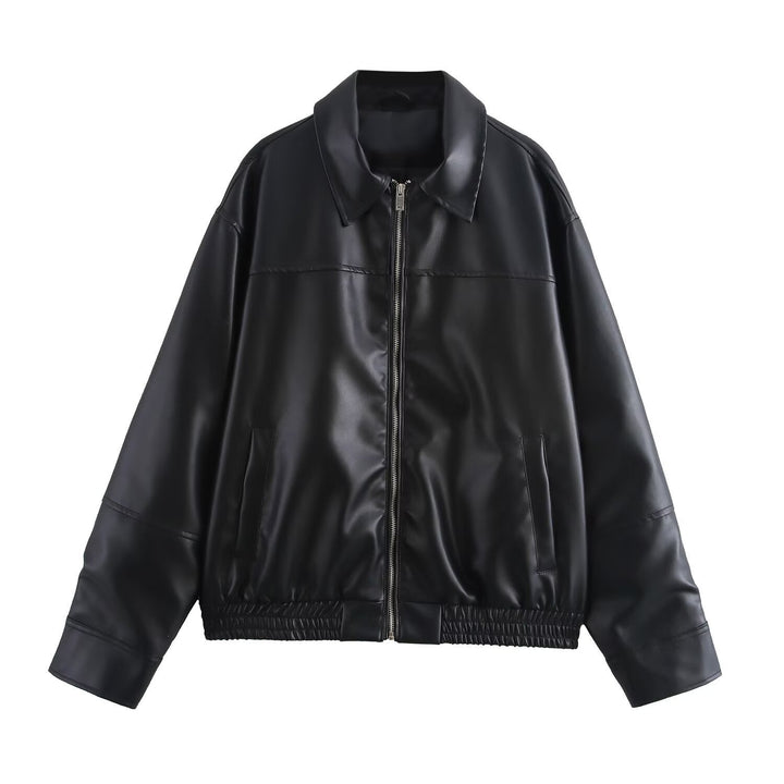Dam kort jacka gjord konstläder in oversize bomber stil med skjortkrage och elastic fåll