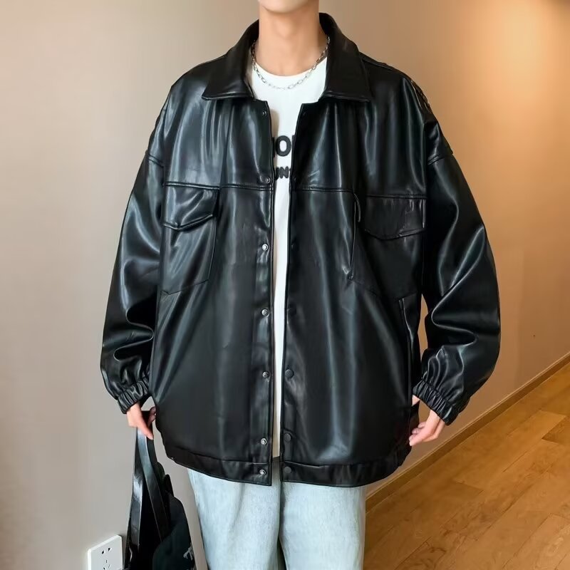 Herr Oversized PU Läder Shacket med Lock Fickor och Elastisk Muddar