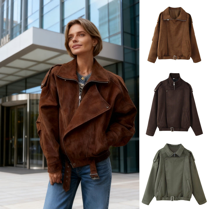 Dam Kort Jacka i Biker Blouson Stil med Bälte och Asymmetrical Lock