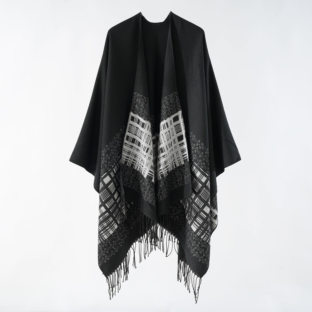 Dam ullblandning axel poncho med jacquard mönster och fransfåll