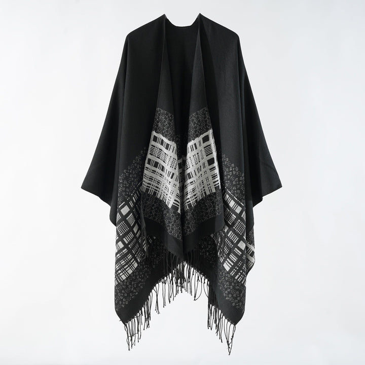 Dam ullblandning axel poncho med jacquard mönster och fransfåll