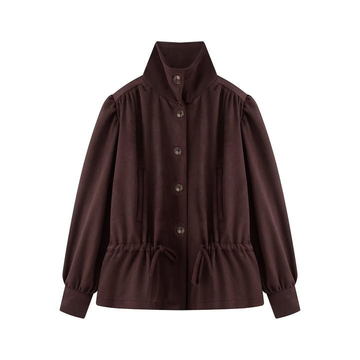 Dam kort jacka in velour-mocka look med ståkrage, dragsko, och balloon ärmar