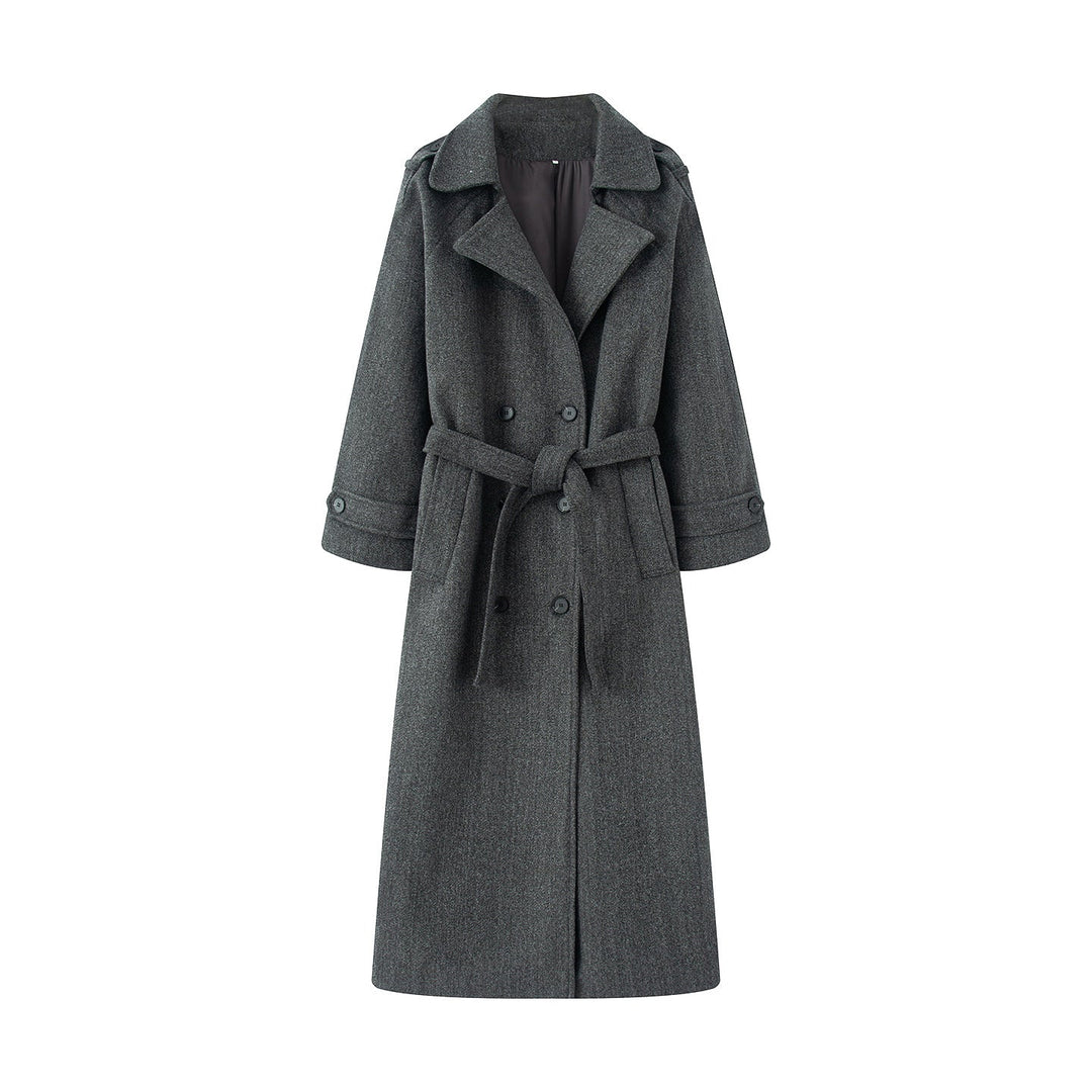 Dam longer ullblandning trenchcoat med sjalkrage, midjebälte, och double-breasted knäppning